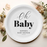 Minimal Black White Oh Baby Shower Paper Plate<br><div class="desc">Modern baby shower party paper plates featuring a plain white background,  the title "oh baby",  and a elegant template that is easy to personalise.</div>