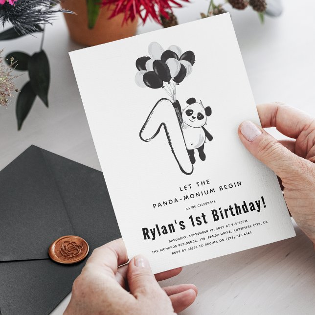 Minimal Black & White Panda 1st Birthday Party Invitation (Creator Uploaded)