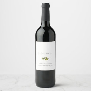 Minimal Black & White Pine Branch Baby Shower Wine Label