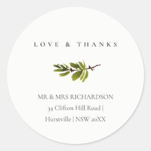 Minimal Black & White Pine Branch Foliage Address Classic Round Sticker