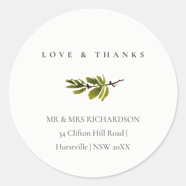 Minimal Black & White Pine Branch Foliage Address Classic Round Sticker (Front)