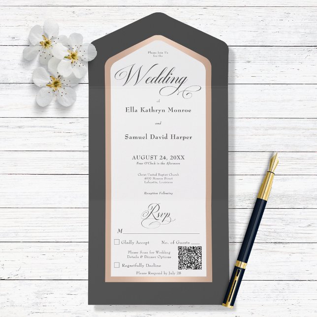 Minimal Black & White Rose Gold Modern QR Code All In One Invitation (Creator Uploaded)
