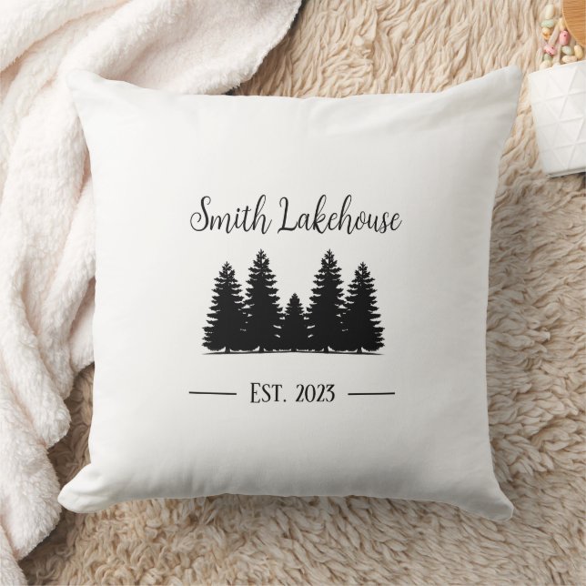 Minimal Black White Rustic Lakehouse Pine Trees Cushion (Blanket)