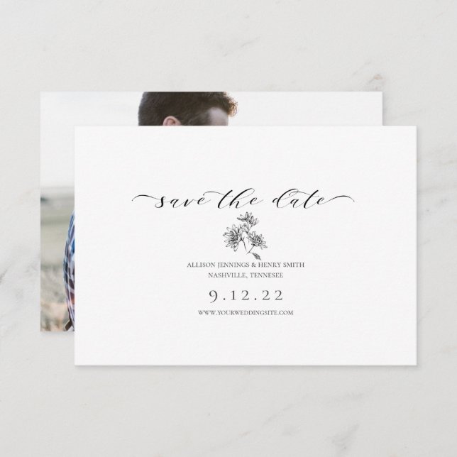 Minimal Black White Save the Date Calligraphy (Front/Back)