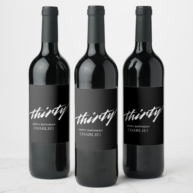 Minimal Black White Script 30th Birthday Wine Label (Bottles)