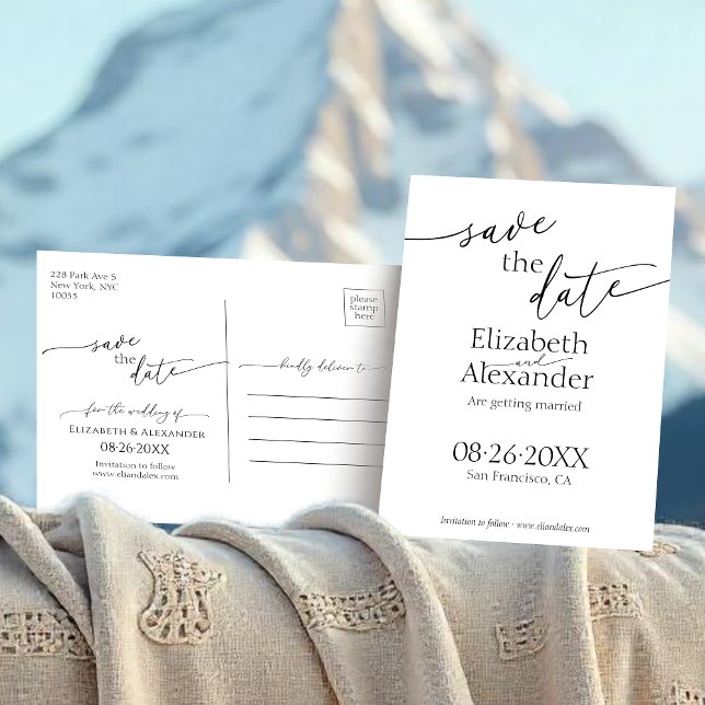 Minimal Black & White Script Fancy Save the Date Postcard (Creator Uploaded)