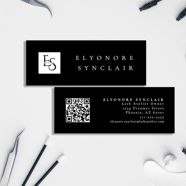 Minimal Black White Script Lash Logo Qr Code Mini Business Card (Creator Uploaded)