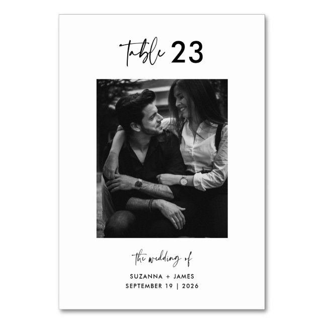 Minimal Black White Script Photo QR Code Table Number (Front)