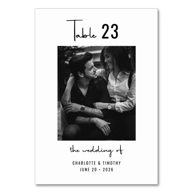Minimal Black White Script Photo Wedding Table Number (Front)