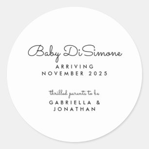 Minimal Black White Script Pregnancy Announcement  Classic Round Sticker