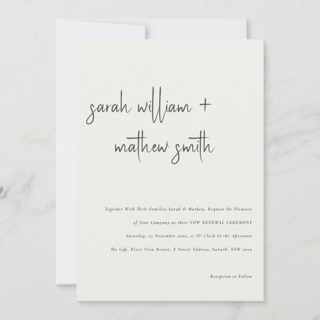 Minimal Black White Script Typography Vow Renewal Invitation (Front)
