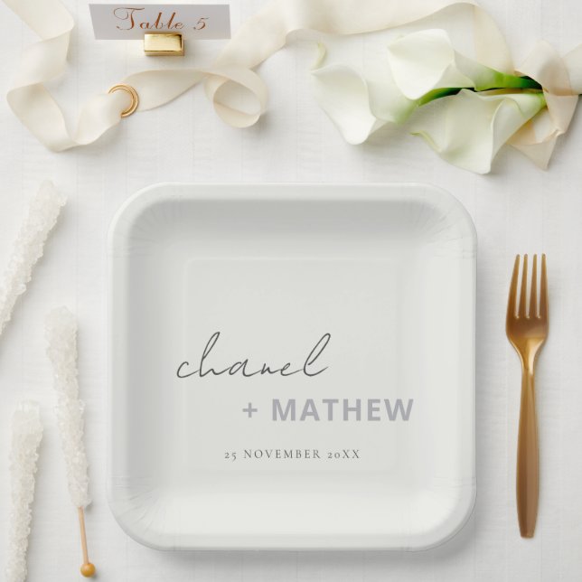 Minimal Black White Script Typography Wedding Paper Plate (Wedding)