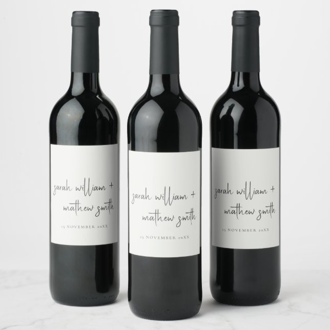 Minimal Black White Script Typography Wedding Wine Label (Bottles)