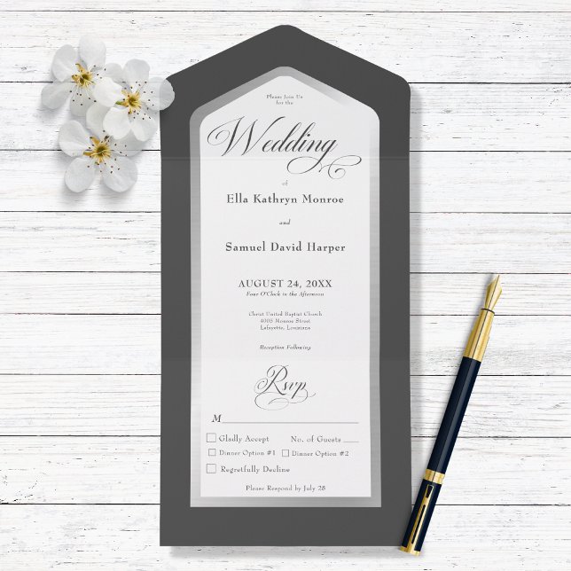 Minimal Black & White Silver Modern Dinner All In One Invitation (Minimal Black & White Modern All in One Wedding Invitation with Dinner Options)