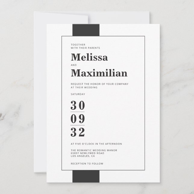 Minimal black & white simple modern bold wedding invitation (Front)