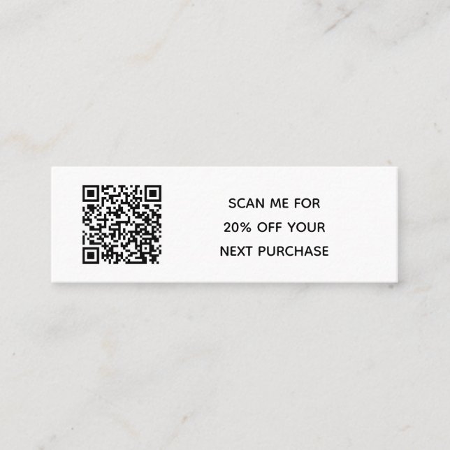 Minimal Black White Small Business QR Code Discoun Mini Business Card (Front)