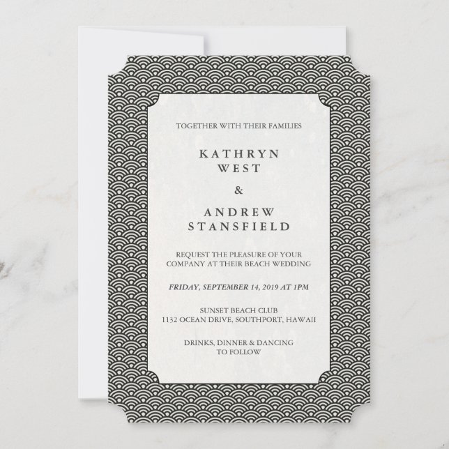 Minimal Black + White Small Japanese Waves Wedding Invitation (Front)