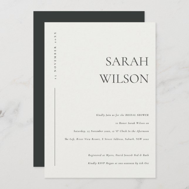 MINIMAL BLACK & WHITE TYPOGRAPHY BRIDAL SHOWER INVITATION (Front/Back)