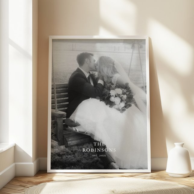 Minimal Black & White Wedding Photo & Family Name Poster (Creator Uploaded)
