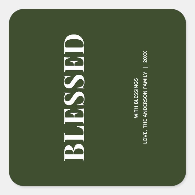 Minimal BLESSED | Forest Green Holiday Square Sticker (Front)