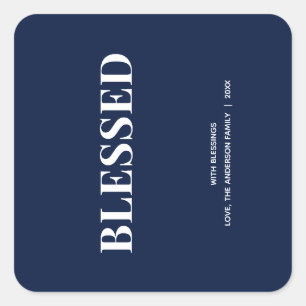 Minimal BLESSED Navy Blue Holiday Square Sticker