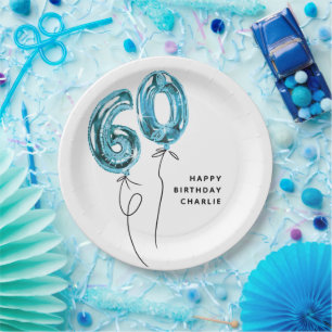 Minimal Blue 60 Balloon 60th Birthday Party Paper Plate