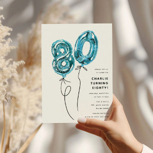Minimal Blue 80 Balloon 80th Birthday Party Invitation