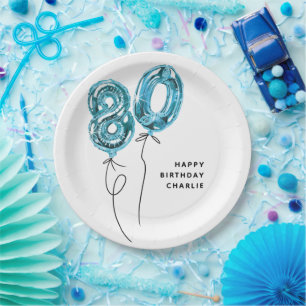 Minimal Blue 80 Balloon 80th Birthday Party Paper Plate