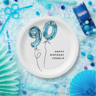 Minimal Blue 90 Balloon 90th Birthday Party Paper Plate