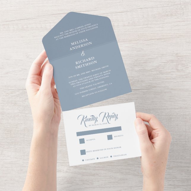 Minimal Blue And white  Wedding All In One Invitation (Tearaway)