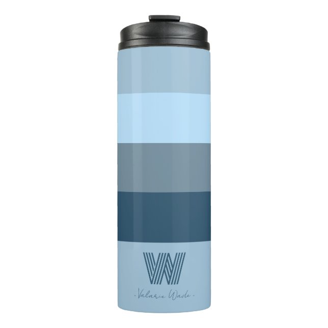 Minimal Blue Bars Monogram Thermal Tumbler (Front)