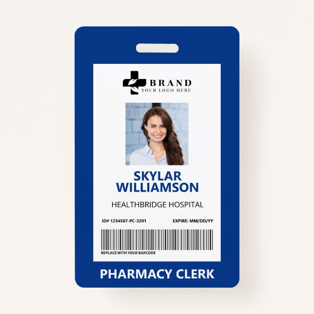 Minimal Blue Border Frame Medical Photo ID & Logo ID Badge (Front)