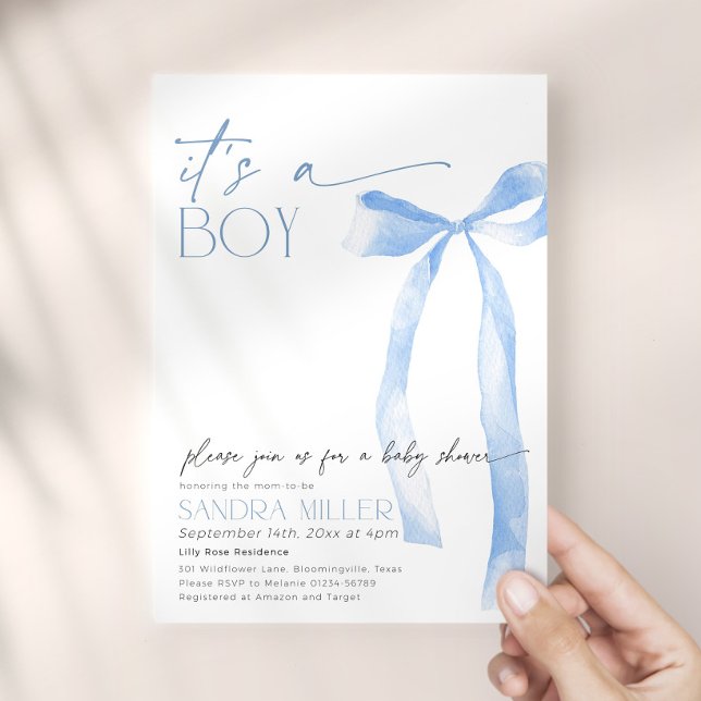 Minimal Blue Bow Baby Shower Invitation (Creator Uploaded)