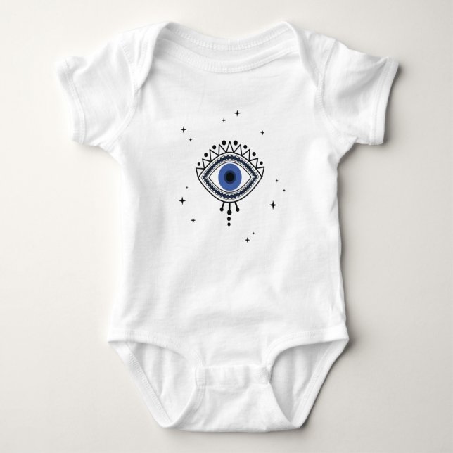 Minimal blue eye protection ethnic talisman baby bodysuit (Front)