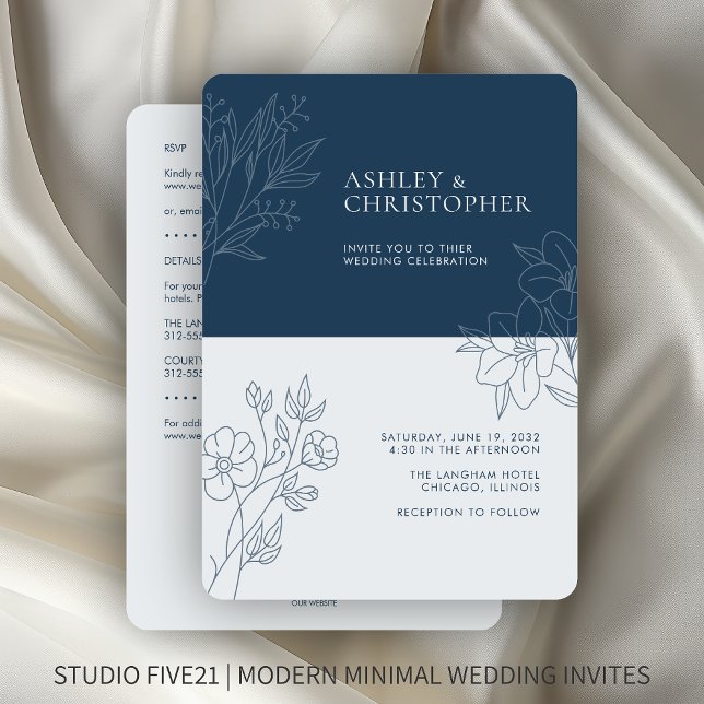 Minimal Blue Foliage Outline All-in-One Wedding Invitation (Creator Uploaded)