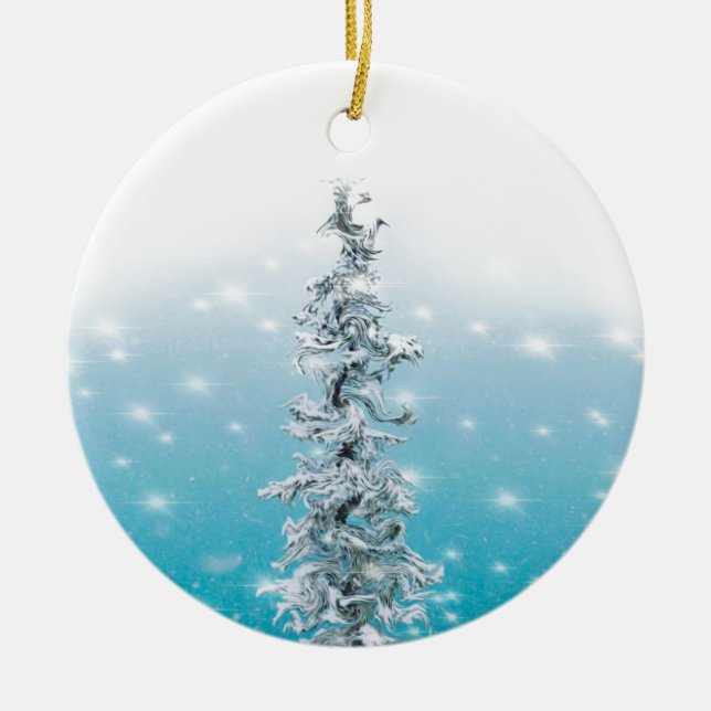 Minimal blue frosty silver sparkling evergreen ceramic ornament (Front)