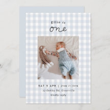 Minimal Blue Gingham Photo 1st Birthday Invitation