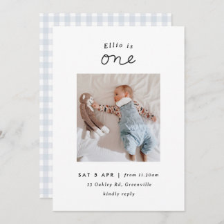Minimal Blue Gingham Photo 1st Birthday Invite
