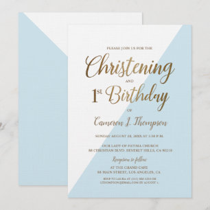Minimal Blue Gold 1st Birthday Christening Invitation