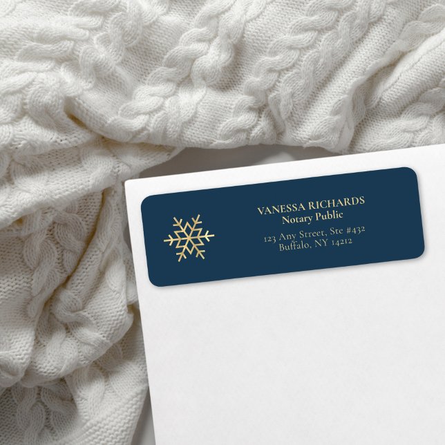 Minimal Blue Gold Snowflake Notary Public Return  Address Label (Creator Uploaded)