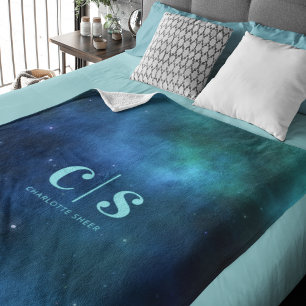 Minimal Blue Green Galaxy Monogram Fleece Blanket