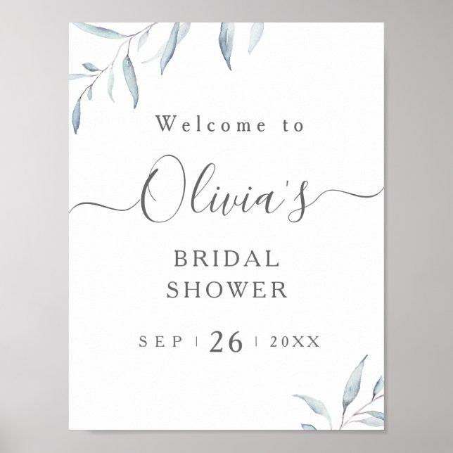 Minimal blue greenery bridal shower welcome sign (Front)