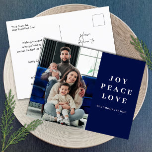 Minimal Blue Joy Peace Love Christmas Family Name Holiday Postcard