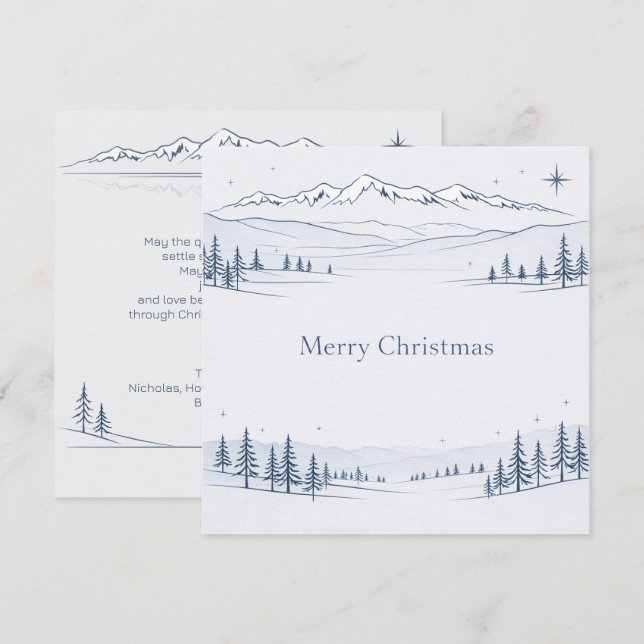 Minimal Blue Mountain Merry Christmas Holiday Card (Front/Back)