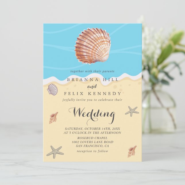Minimal Blue Ocean Summer Wedding Invitation (Standing Front)