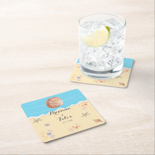Minimal Blue Ocean Summer Wedding Square Paper Coaster