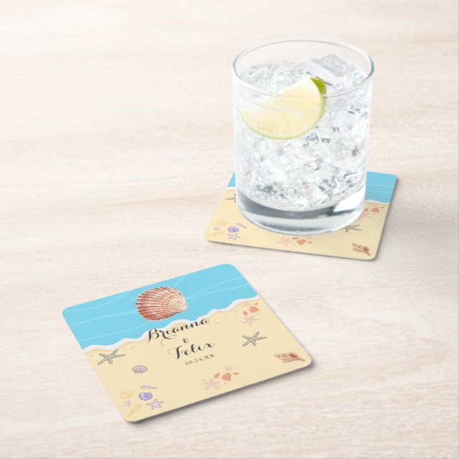Minimal Blue Ocean Summer Wedding Square Paper Coaster (Insitu)