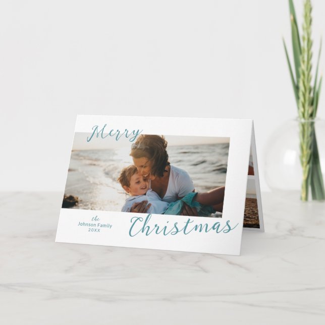 Minimal Blue Photo Modern Christmas Holiday Card (Front)