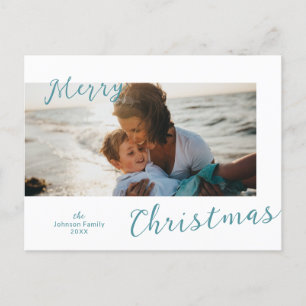 Minimal Blue Photo Modern Christmas Holiday Postcard