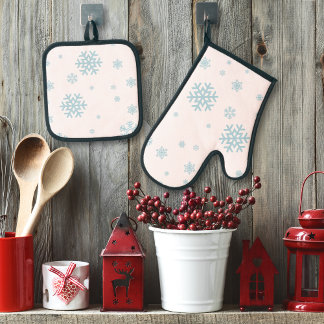 Minimal Blue Snowflakes Holiday Oven Mitt & Pot Holder Set